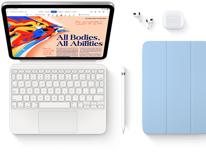 iPad, Magic Keyboard Folio, Apple Pencil, AirPods and Smart Folio are shown.